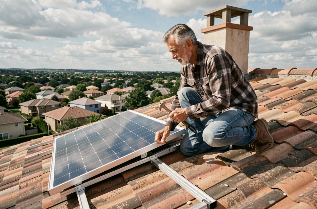 Homme installant un panneau solaire artisanal sur un toit en tuiles d'une maison individuelle avec des rails de fixation