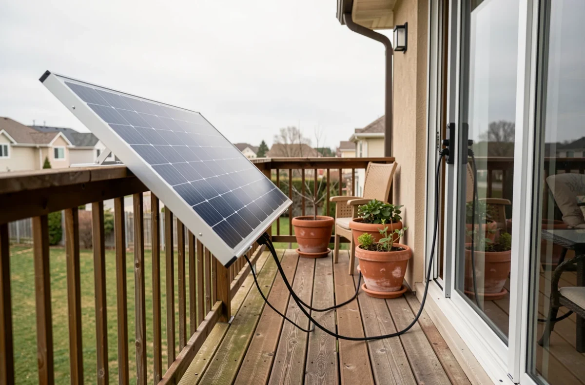 Panneau solaire plug-and-play branché sur une prise de balcon avec câble visible et porte vitrée coulissante