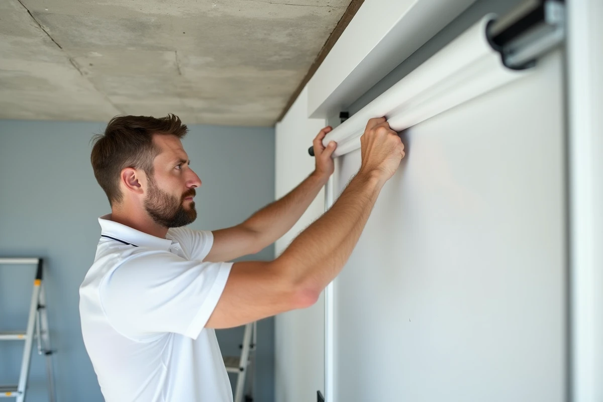 Installateur professionnel posant un plafond tendu blanc brillant dans un salon moderne lors d'une rénovation intérieure