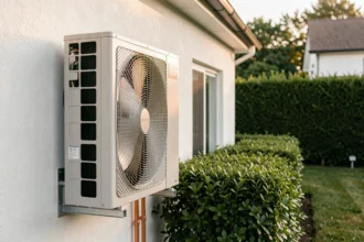 Installation d'une pompe à chaleur air-air sur la façade extérieure d'une maison individuelle moderne