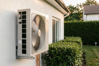 Installation d'une pompe à chaleur air-air sur la façade extérieure d'une maison individuelle moderne
