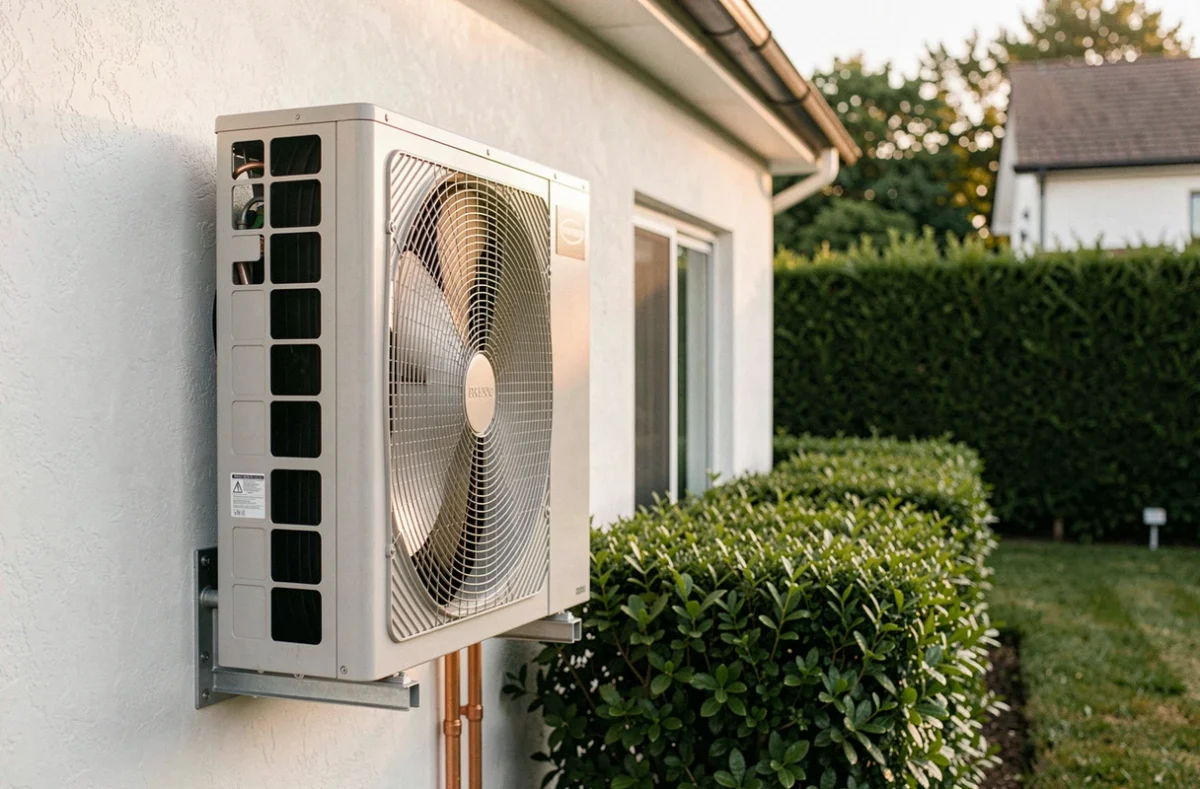 Installation d'une pompe à chaleur air-air sur la façade extérieure d'une maison individuelle moderne