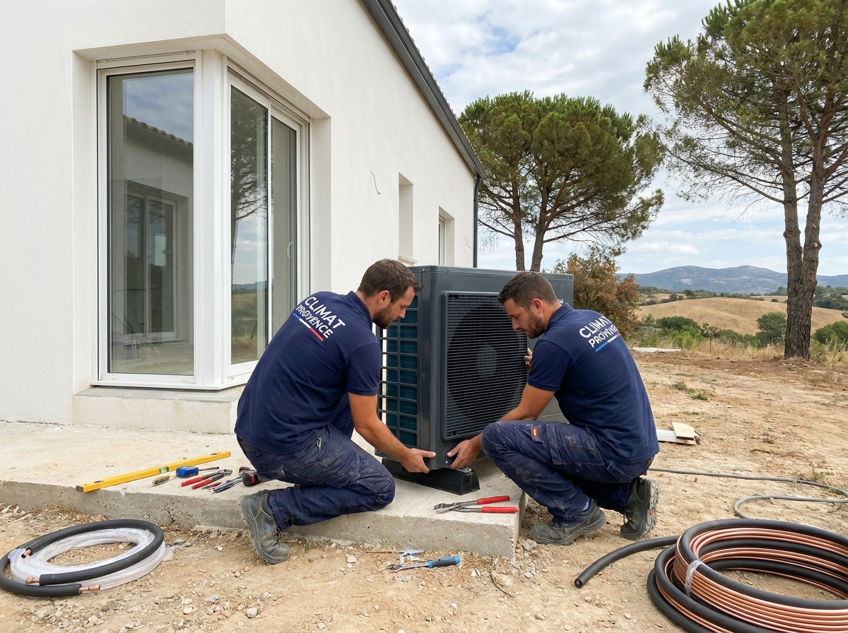Deux installateurs posant une pompe à chaleur air/eau extérieure devant une villa moderne dans le Var