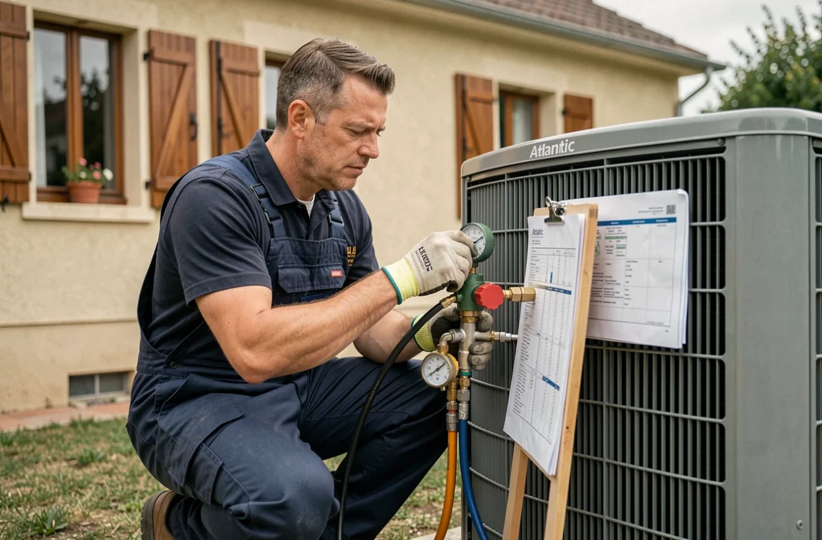 Technicien installant une pompe à chaleur air-eau Atlantic 11 kW dans le jardin d'une maison française