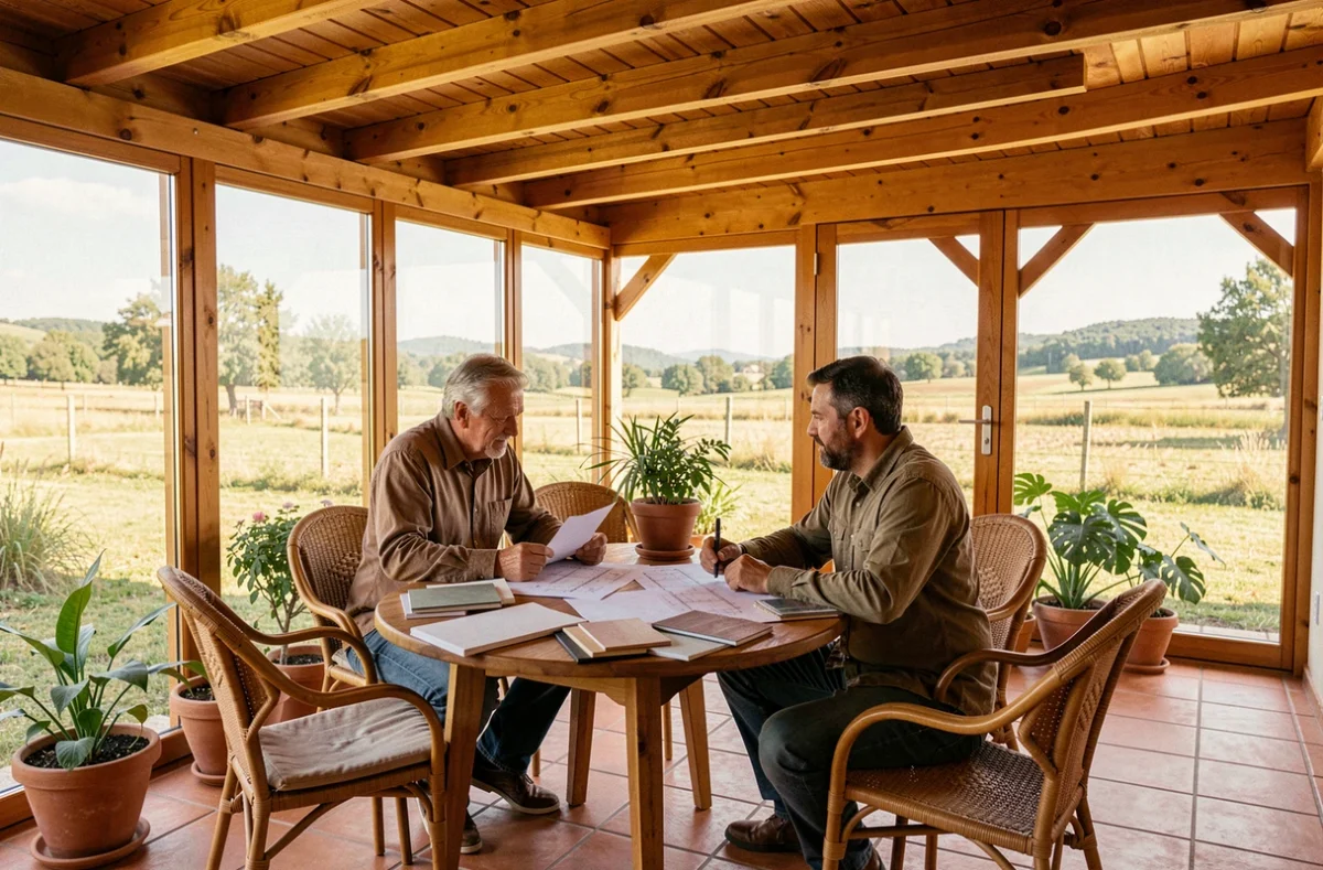 Intérieur de véranda en bois avec couple consultant des plans de construction et échantillons de matériaux