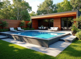 Piscine hors-sol moderne dans un jardin extérieur ensoleillé