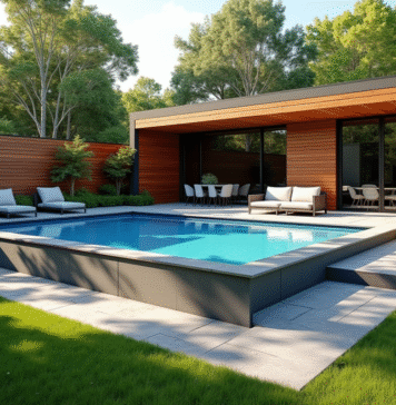 Piscine hors-sol moderne dans un jardin extérieur ensoleillé