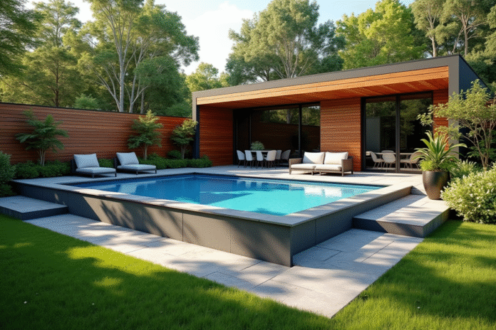 Piscine hors-sol moderne dans un jardin extérieur ensoleillé