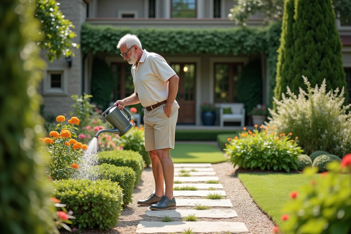 Homme arrosant plantes dans un jardin soigné