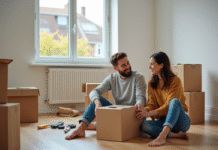 Jeune couple en train d'assembler un meuble dans un appartement moderne