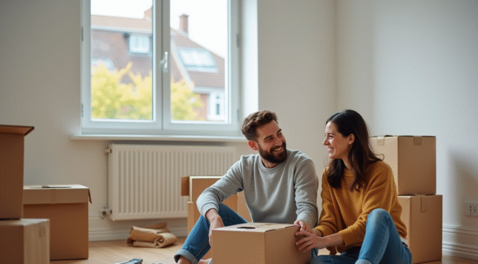 Jeune couple en train d'assembler un meuble dans un appartement moderne