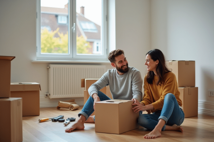 Jeune couple en train d'assembler un meuble dans un appartement moderne