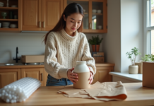 Poster objets fragiles : les astuces pour vous assurer une livraison sans casse Femme emballant une vase en céramique dans une cuisine lumineuse