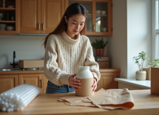 Poster objets fragiles : les astuces pour vous assurer une livraison sans casse Femme emballant une vase en céramique dans une cuisine lumineuse