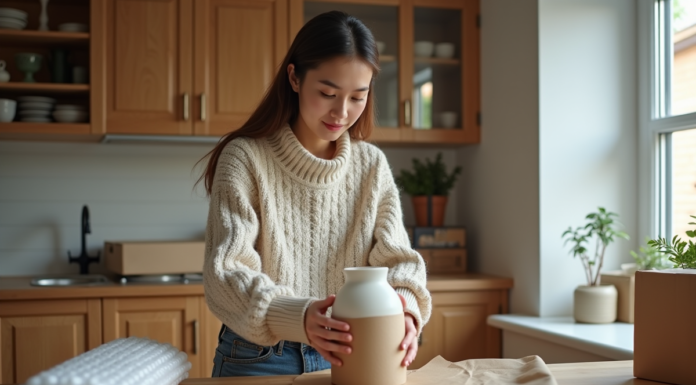 Femme emballant une vase en céramique dans une cuisine lumineuse
