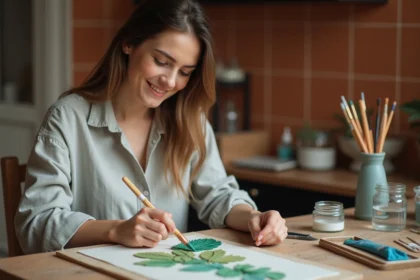 Jeune femme peignant une feuille en argile avec gouache dans un atelier
