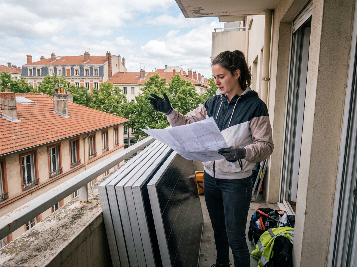 Jeune femme vérifiant des plans de solaire sur un balcon lyonnais