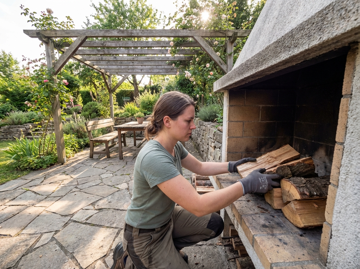Jeune femme arrangeant du bois pour le barbecue extérieur
