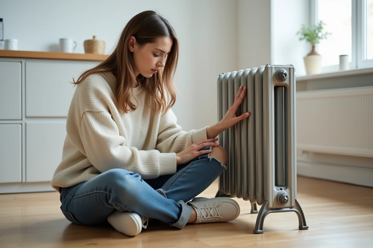 Jeune femme observant un radiateur inclinée dans un appartement moderne