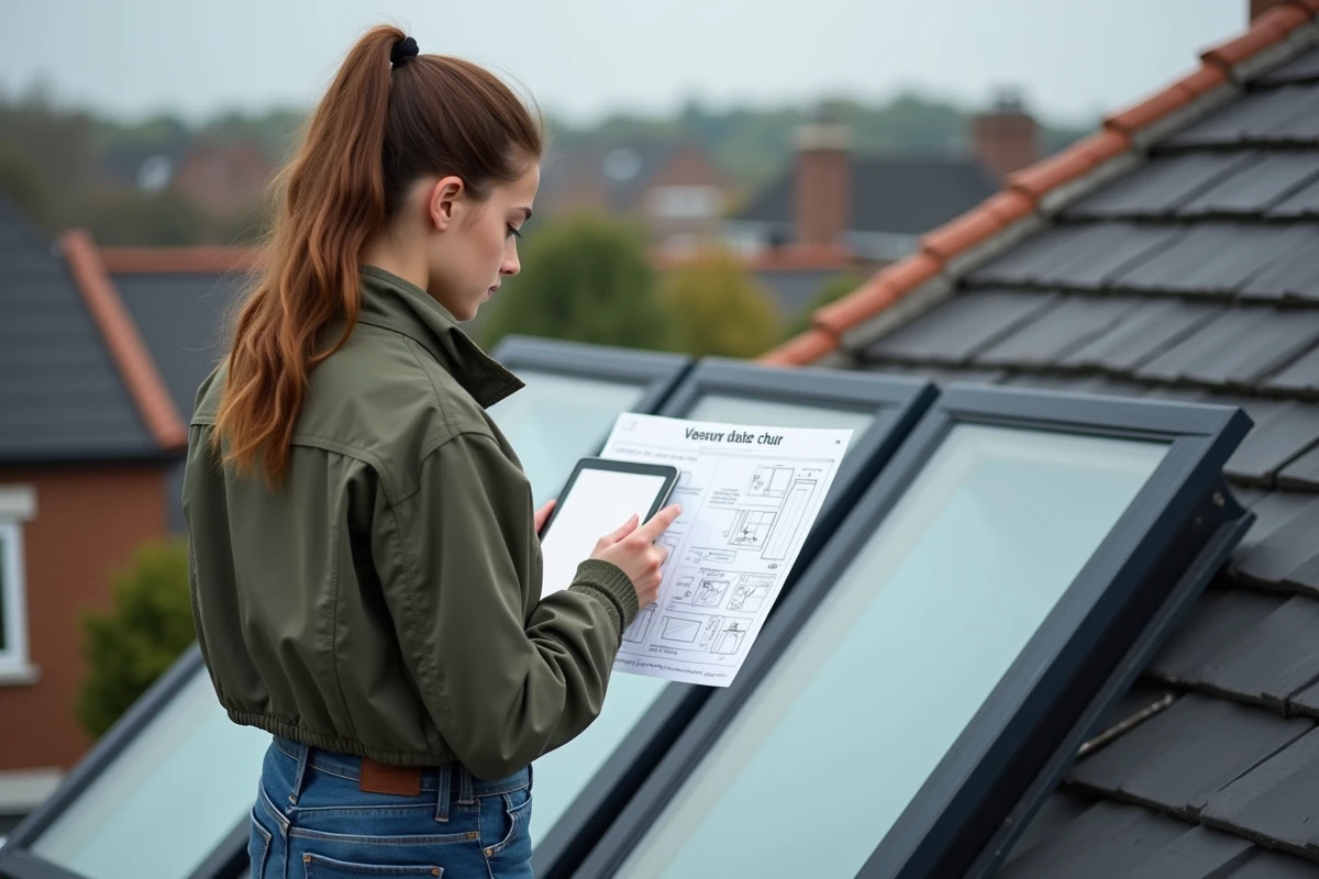 Femme vérifiant un tableau de mesures sur un toit en tuiles