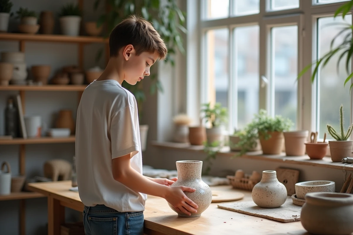 Adolescent créatif inspectant un vase en argile terrazzo dans son atelier