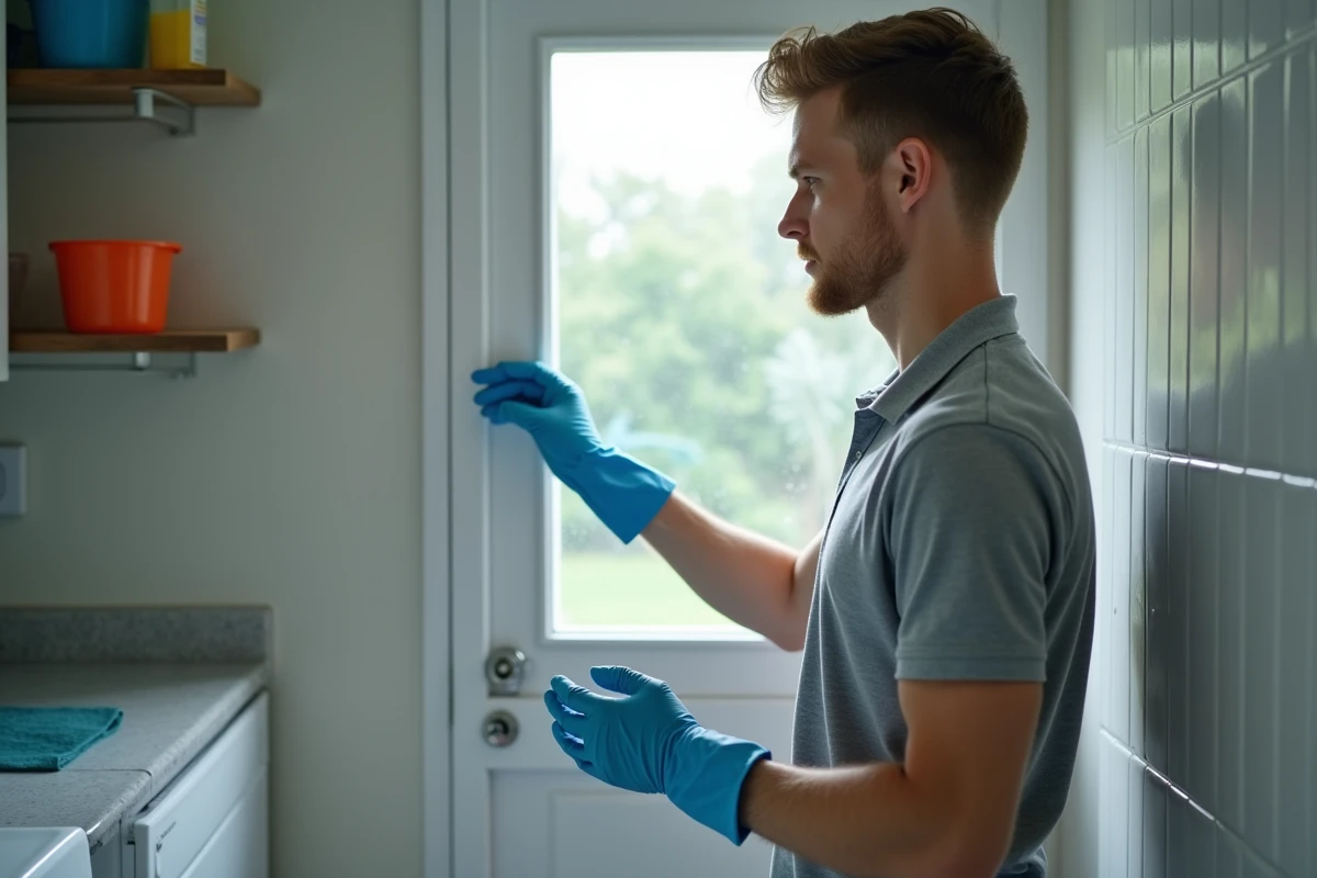 Jeune homme examinant une tache sur une porte PVC endommagée