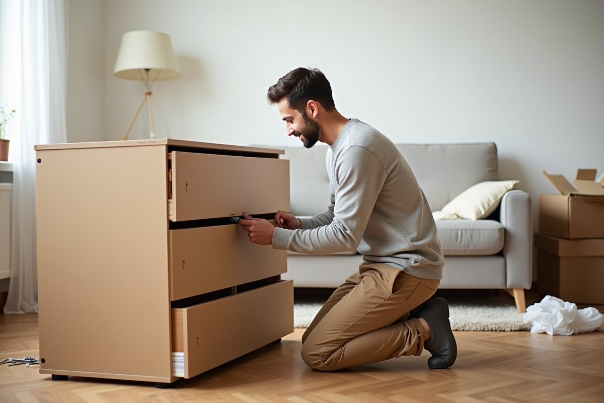 Jeune homme démontant une commode avec un tournevis