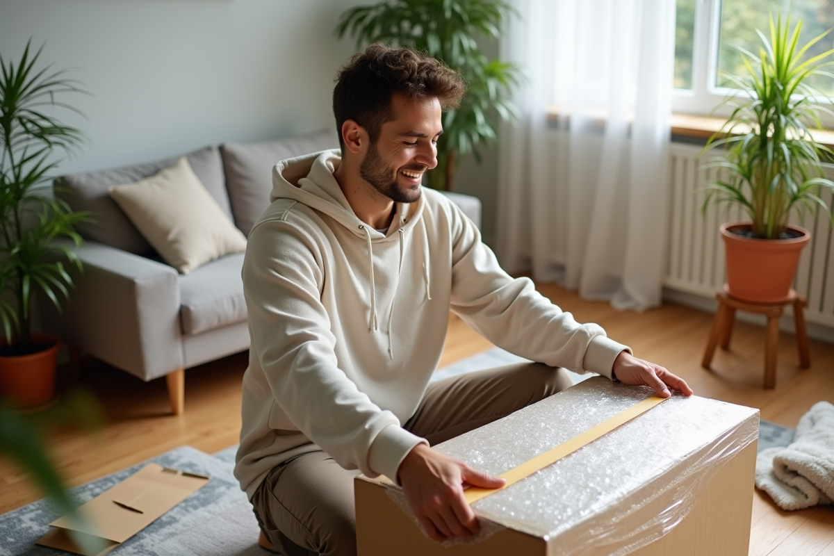 Jeune homme scellant une caisse avec du papier bulle
