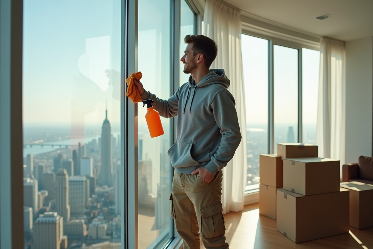 Jeune homme nettoyant une grande fenêtre avec un chiffon