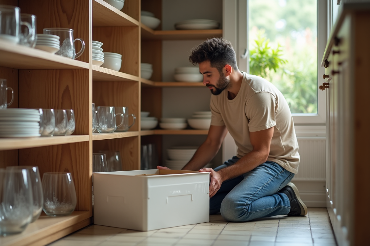 Jeune homme compare deux boîtes de rangement pour vaisselle