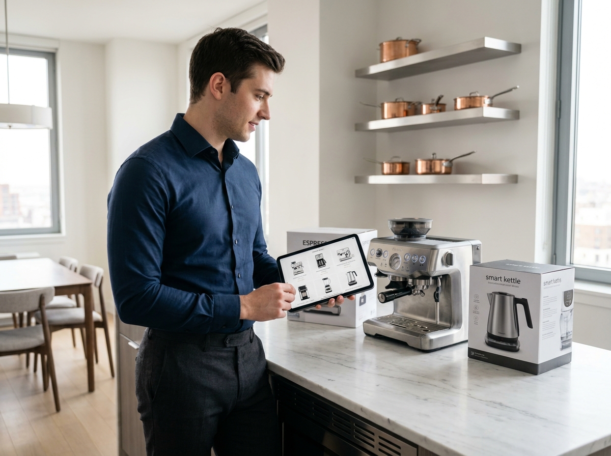 Jeune homme compare appareils dans une cuisine moderne