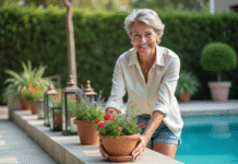 Femme souriante arrangeant des plantes près de la piscine