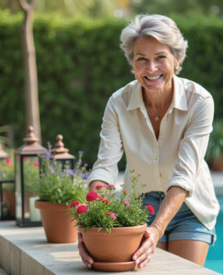 Femme souriante arrangeant des plantes près de la piscine