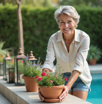 Tour de piscine : comment l’embellir avec astuce ? Femme souriante arrangeant des plantes près de la piscine