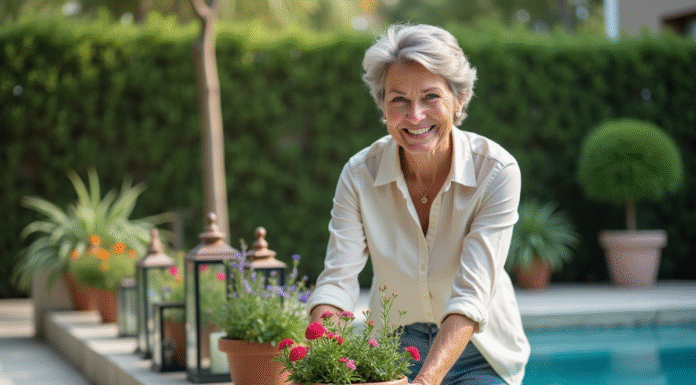 Femme souriante arrangeant des plantes près de la piscine