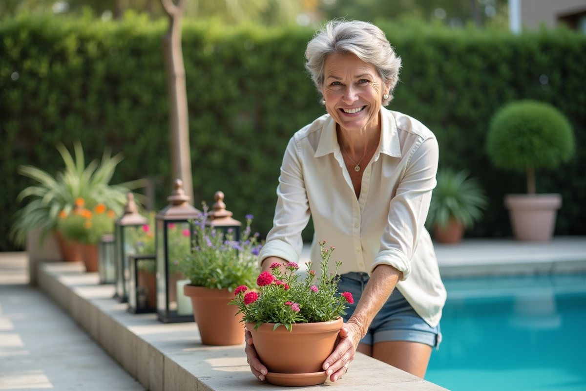 Femme souriante arrangeant des plantes près de la piscine