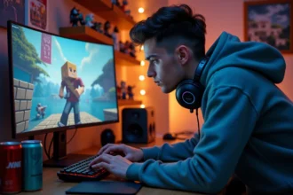 Joueur adulte concentré devant un écran Minecraft en mode multijoueur, gérant les points de spawn depuis son bureau gaming à domicile