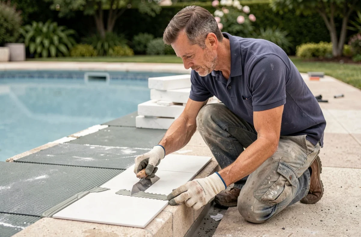 Spécialiste de JP Rénovation posant de nouveaux carrelages lors d'un chantier de rénovation de piscine résidentielle dans le Val-d'Oise