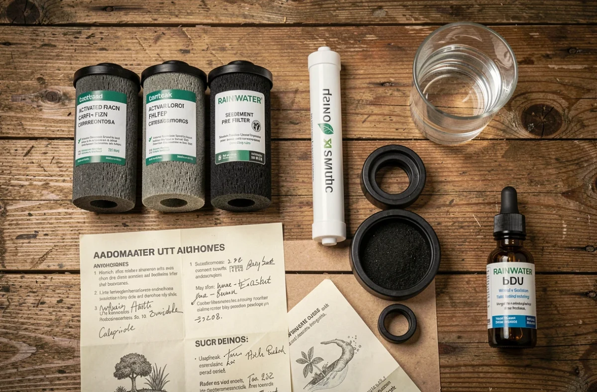Vue à plat des composants d'un kit de filtration d'eau de pluie pour usage domestique sur une table en bois