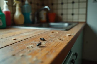 Larves de mouche visibles sur un plan de travail en bois humide dans une cuisine domestique