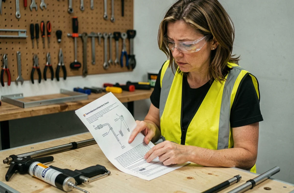 Femme lisant attentivement la notice d'un kit de scellement chimique avant la pose de vis sur un chantier