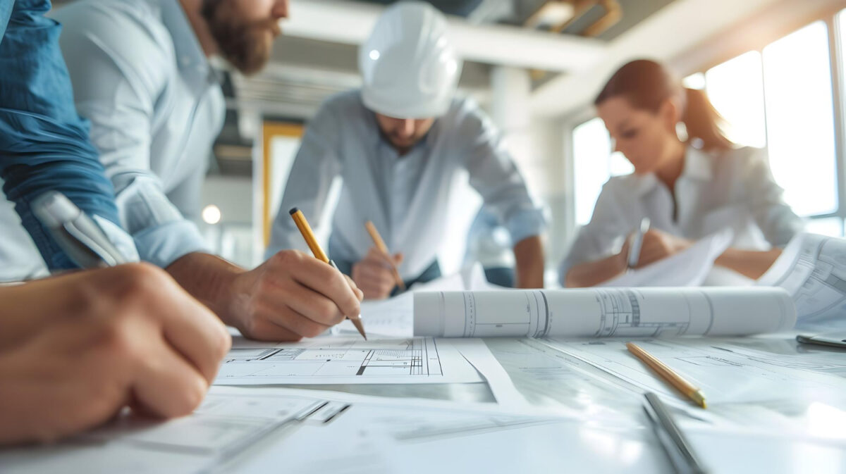 L'équipe de gestion des installations tient une réunion de planification dans une salle de conférence moderne et lumineuse. L