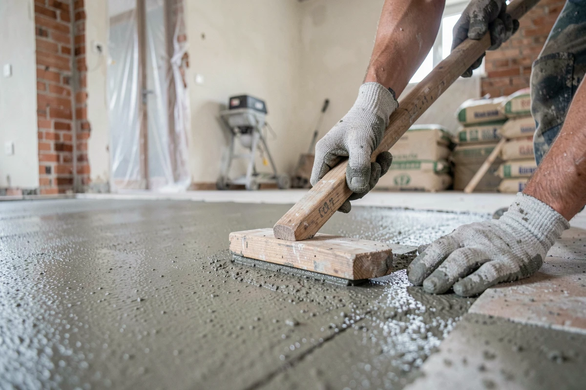 Mains gantées d'un ouvrier qui dresse et lisse une chape maigre de 5 cm à la règle en bois dans un intérieur en rénovation