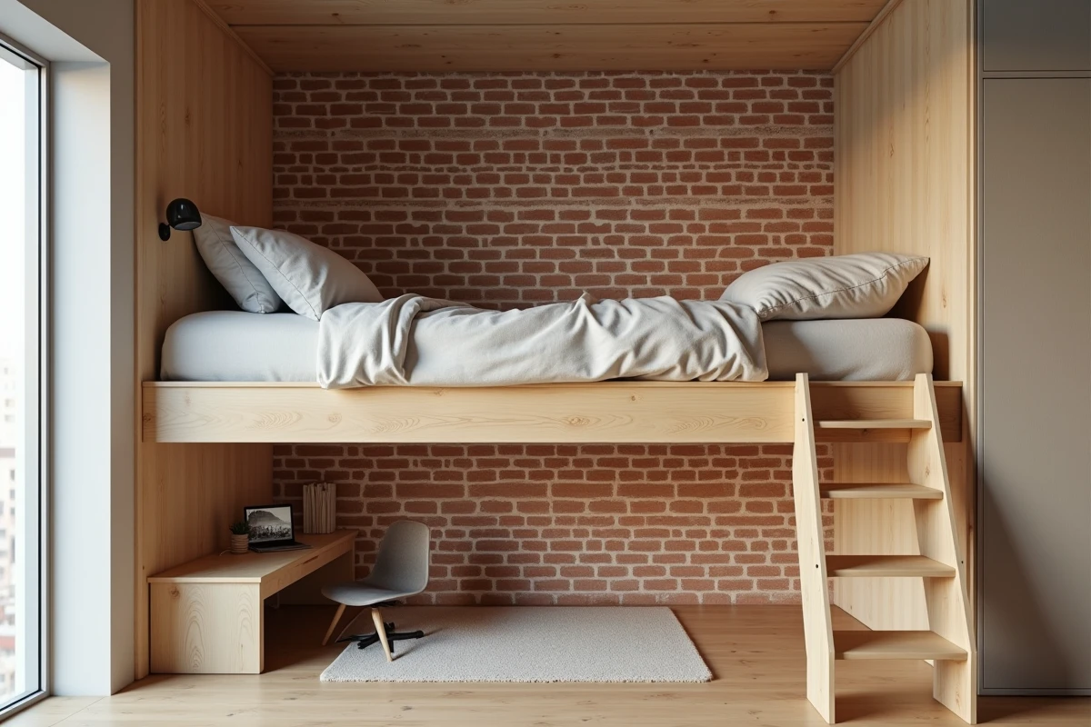 Lit mezzanine surélevé en bois dans un studio avec une échelle compacte et un espace bureau aménagé en dessous, optimisant la hauteur sous plafond