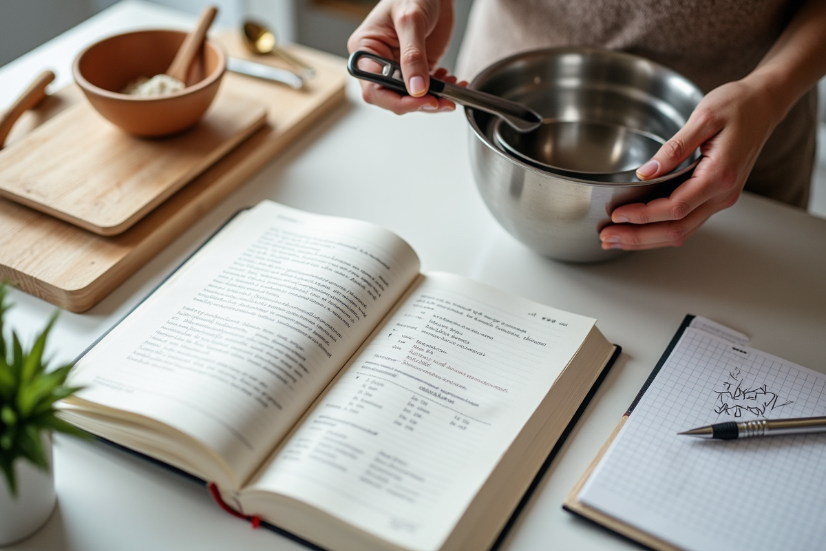 Vue de haut d un livre de recettes ouvert et d un carnet avec conversions en cuisine
