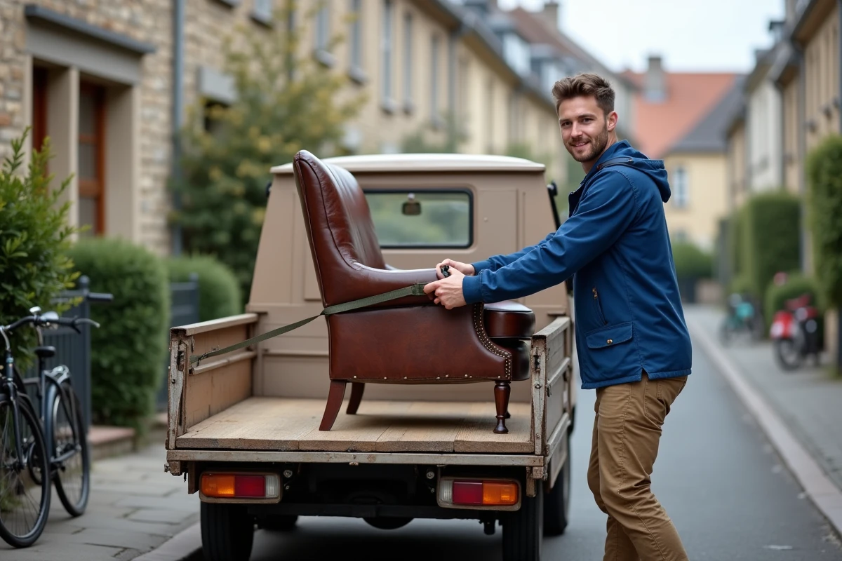 Un jeune livreur Emmaüs fixant une vieille chaise sur un camion