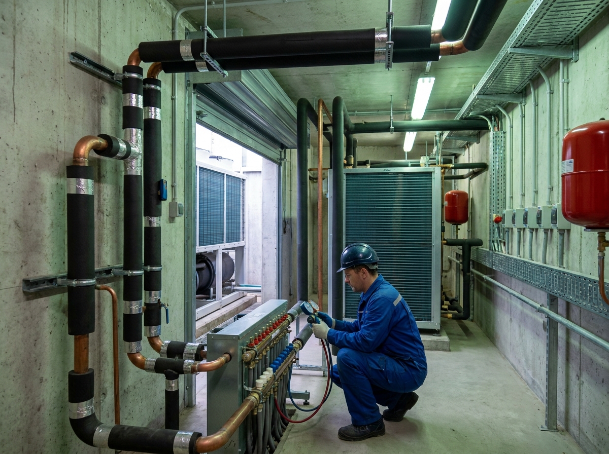 Local technique intérieur d'un immeuble tertiaire avec réseau de tuyauterie frigorifique relié à un aérocondenseur extérieur