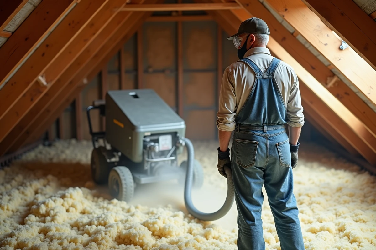 Homme utilisant une souffleuse à ouate de cellulose en location pour isoler un grenier avec de l'isolation en vrac