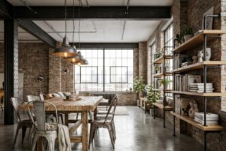Intérieur de loft industriel sur mesure avec table en bois recyclé, mur en briques apparentes et étagères en fer forgé