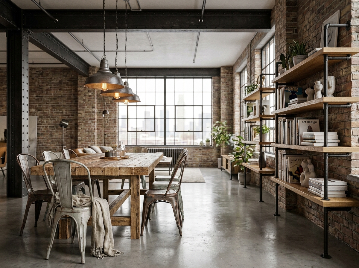 Intérieur de loft industriel sur mesure avec table en bois recyclé, mur en briques apparentes et étagères en fer forgé